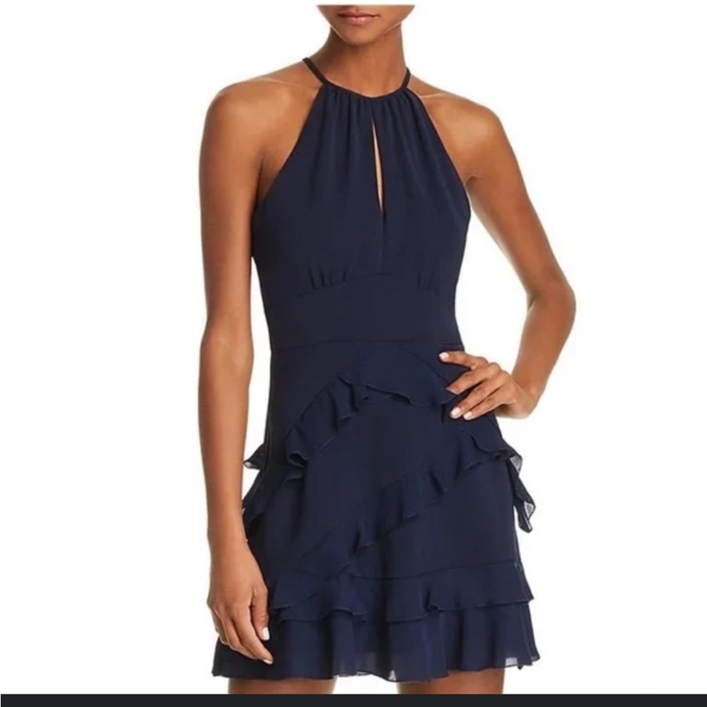 Parker Black Phoenix Dress Triple Ruffle Razor Neckline Flowy Runway Party
